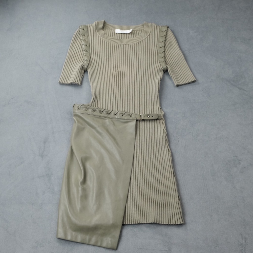 Jonathan Simkhai Ribbed Knit Faux Leather Wrap Mini Dress S Olive Green